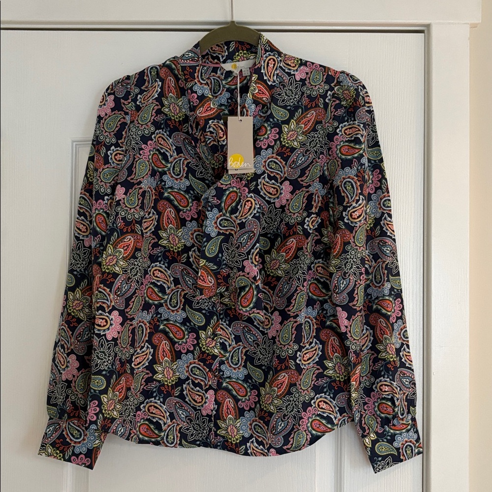 Boden blouse NWT 6 silk tie neck blouse top shirt Navy Multi Paisley 100% silk - Picture 3 of 9